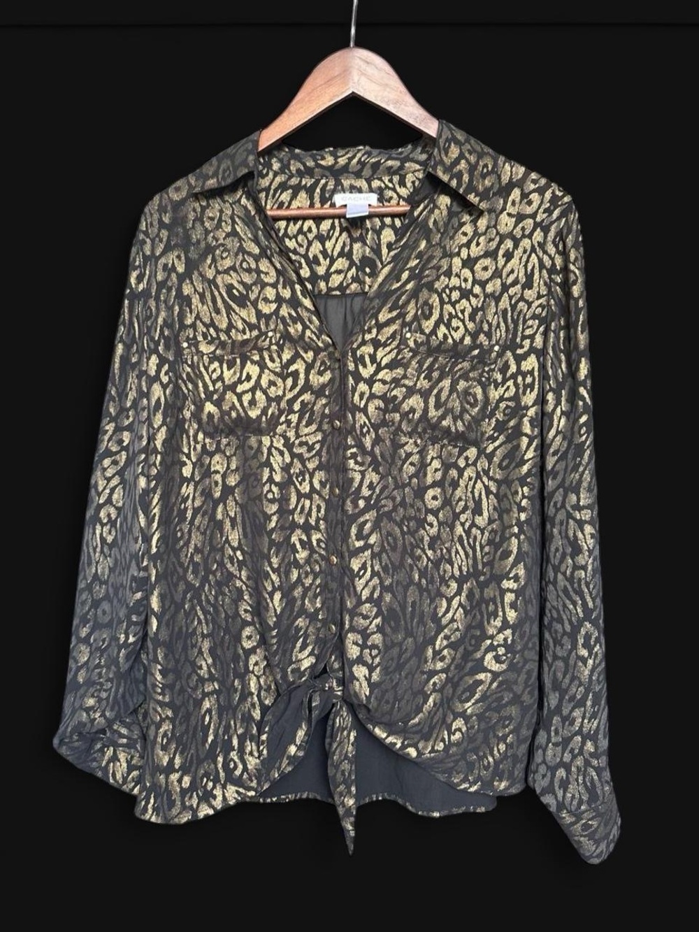Cache Metallic Gold Leopard Print Tie Front Button Down Blouse Top XL
